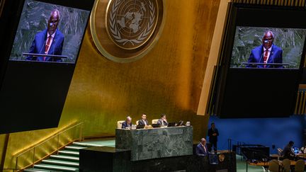 Le Premier ministre de Vanuatu, Ishmael Kalsakau, s'exprime à l'Assemblée générale de l'ONU, à New York, aux Etats-Unis, le 29 mars 2023. (ED JONES / AFP)