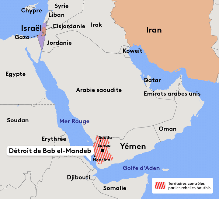 Une carte du Moyen-Orient, avec la localisation des territoires contrôlés par les houthis au Yémen, près du détroit de Bab el-Mandeb. (HELOISE KROB / FRANCEINFO)