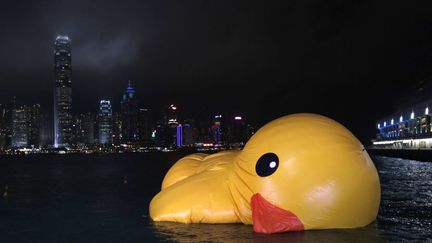 Le canard en caoutchouc g&eacute;ant de l'artiste n&eacute;erlandais&nbsp;Florentijn Hofman s'est d&eacute;gongl&eacute; dans le port de Hong Kong, le 14 mai 2013. (TYRONE SIU / REUTERS)