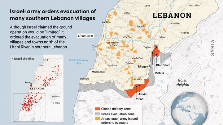 The map of South Lebanon, an area where the fighting between Israel and Hezbollah is concentrated, and where the Israeli army has ordered the evacuation of villages since October 1, 2024. (AFP)