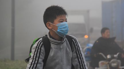 Un pi&eacute;ton porte un masque pour se prot&eacute;ger de la pollution atmosph&eacute;rique, le 19 octobre 2015, &agrave;&nbsp;Lianyungang&nbsp;(Chine). (SHAO SHIXIN / IMAGINECHINA / AFP)