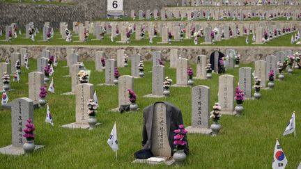 Une veste repose sur une tombe au cimetière national alors que la Corée du Sud marque le Memorial Day à Séoul, le 6 juin 2020. (ED JONES / AFP)