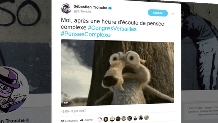 Tweet du journaliste politique du Lab d'Europe 1 Sébastien Tronche, lundi 3 juillet 2017 lors du discours d'Emmanuel Macron au Congrès à Versailles. (SEBASTIEN TRONCHE / TWITTER)