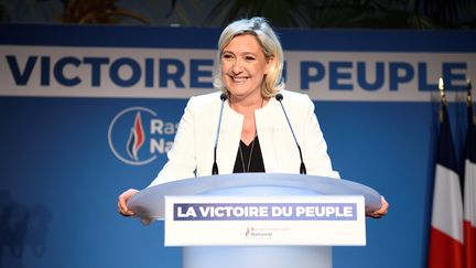 La présidente du Rassemblement national, Marine Le Pen, s'exprime après les résultats des élections européennes, le 26 mai 2019 à Paris.&nbsp; (BERTRAND GUAY / AFP)