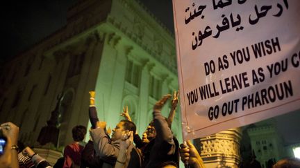 "Fais ce que tu veux, tu partiras [...] D&eacute;gage Pharaon", clame cette pancarte, brandie devant le palais pr&eacute;sidentiel.&nbsp; (NASSER NASSER / SIPA)