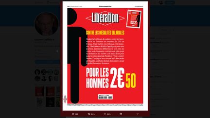 Une des deux&nbsp;unes de l'édition du 8 mars 2018 du journal "Libération", twittée par son directeur de la publication Laurent Joffrin. (LAURENT JOFFRIN / TWITTER)