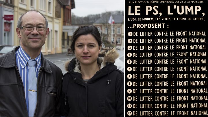 Armand Pollet et Marion Saillard, candidats FN aux d&eacute;partementales, dans le centre-ville de Guise (Aisne), le 25 mars 2015,&nbsp;et leur tract pour le second tour du scrutin. (MATHIEU DEHLINGER)