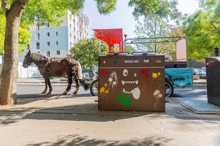 Collecte hippomobile des dechets, à Stains. (ISABELLE MORAND / ALCHIMISTES /RADIO FRANCE / FRANCE INFO)