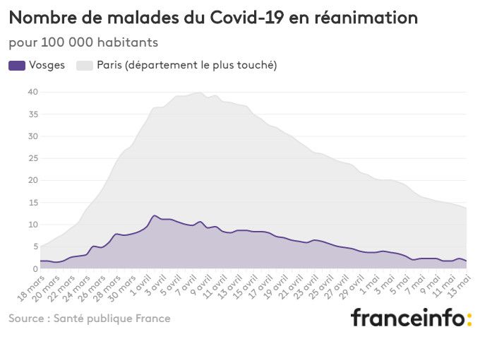 Nombre de malades du Covid-19 en réanimation pour 100 000 habitants. (FRANCEINFO)