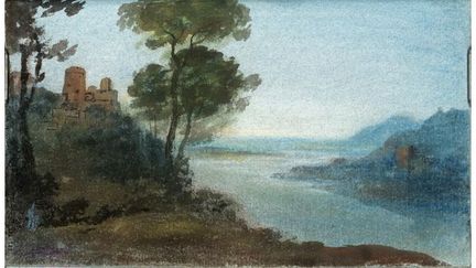 Joseph Mallord William Turner, Copie du Paysage avec l&#039;arrivée d&#039;Enée de Claude Lorrain, Studies for Pictures Sketchbook, vers 1799, aquarelle sur papier bleu, Legs Turner
 (Tate 2012)