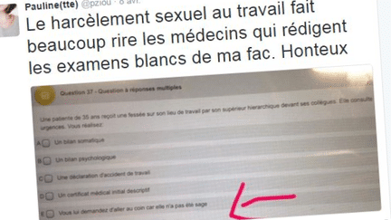 Capture d'écran d'un tweet d'une étudiante en médecine, dénonçant une&nbsp;blague douteuse dans un examen blanc. (TWITTER / FRANCETV INFO)