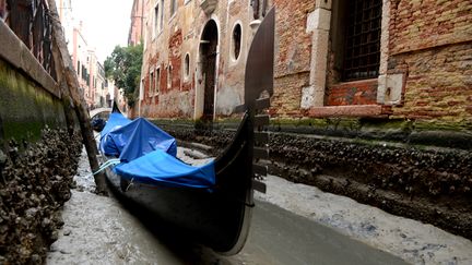 Une gondole dans un canal à sec, à Venise (Italie), le 31 janvier 2018. (MARCO SABADIN / AFP)