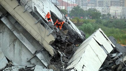 Des secouristes cherchent des victimes après l'effondrement d'une partie du viaduc Morandi à Gênes, le 14 août 2018. (ANDREA LEONI / AFP)