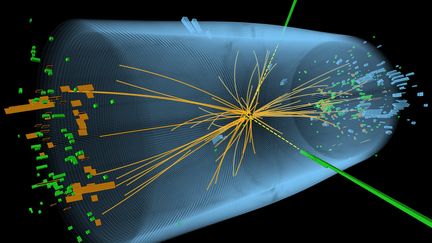 Une image de synth&egrave;se, distribu&eacute;e par le Cern le 4 juillet 2012,&nbsp;repr&eacute;sentant les traces d'une collision enregistr&eacute;es par l'exp&eacute;rience CMS. (CERN / AFP)