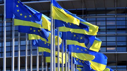 Des drapeaux de l'Union européenne et de l'Ukraine flottent devant le Parlement européen à Strasbourg (Bas-Rhin), le 7 mars 2022. (LAURENT REA / MAXPPP)