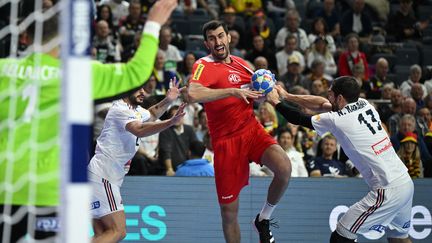 Janko Bozovic and Nikola Karabatic in the duel during France-Austria at the Euro handball, January 22, 2024, in Cologne (Germany).  (INA FASSBENDER / AFP)