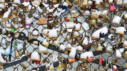 Les cadenas accroch&eacute;s sur le pont des Arts, &agrave; Paris, sont recouverts de neige, le 19 janvier 2013. (MIGUEL MEDINA / AFP)