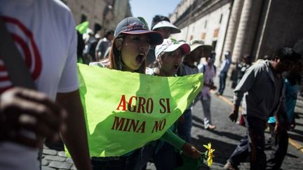 Manifestation le 27 mai 2015 à Arequipa, au sud du Pérou, contre un projet de mine de cuivre estimé à 1,4 milliards de dollars. (SEBASTIAN CASTAÑEDA / ANADOLU AGENCY / AFP)