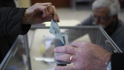 Une femme vote lors du second tour de&nbsp;la primaire de la gauche, le 29 janvier 2017, à&nbsp;Saint-Domineuc (Ille-et-Vilaine). (DAMIEN MEYER / AFP)