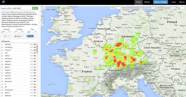 Capture d'&eacute;cran d'une page du site de l'American Meteor Society r&eacute;pertoriant les t&eacute;moignages concernant l'observation d'un objet tomb&eacute; du ciel dans la soir&eacute;e du dimanche 15 mars 2015.&nbsp; (AMERICAN METEOR SOCIETY)