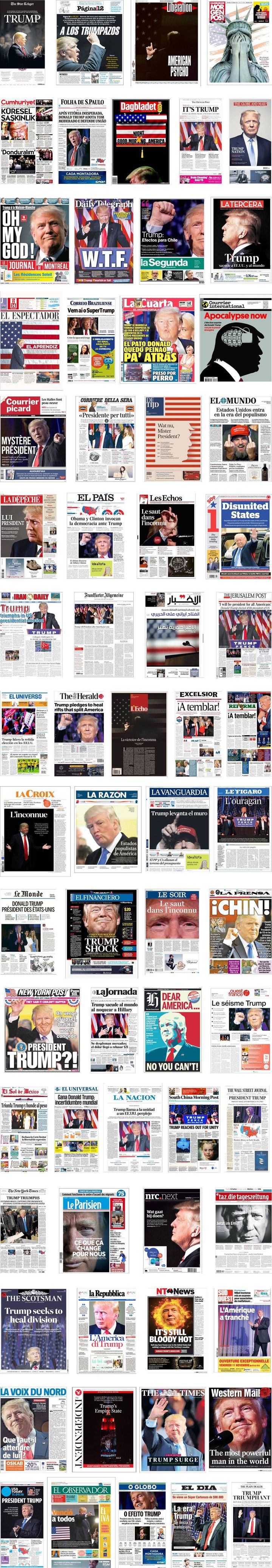 Les unes de la presse mondiale au lendemain de la victoire de Donald Trump à l'élection présidentielle américaine. (FRANCEINFO)