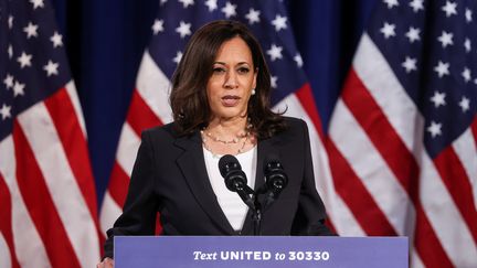 La candidate démocrate à la vice-présidence des Etats-Unis, Kamala Harris, lors d'un discours de campagne, à Washington, le 27 août 2020. (JONATHAN ERNST / REUTERS)