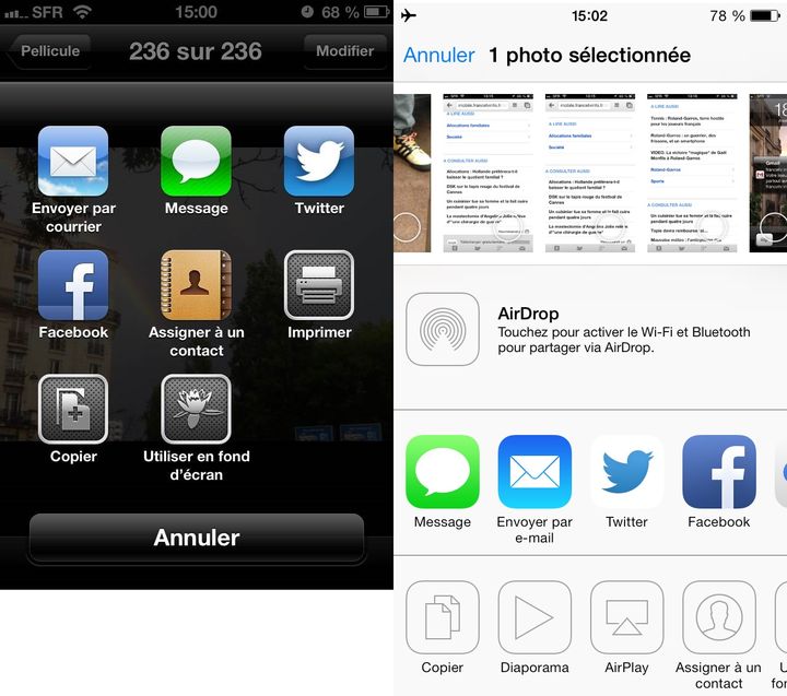 A gauche, l'iOS 6. A droite, l'iOS 7. (FRANCETV INFO)