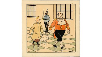 Hergé, Le Sceptre d’Ottokar. Encre de Chine et aquarelle pour le dessin de couverture du journal le Petit Vingtième publié le 14 février 1939.
 (Artcurial)