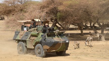 Des soldats fran&ccedil;ais circulent &agrave; bord d'un v&eacute;hicule blind&eacute; &agrave; Timbamogoye (Mali)&nbsp;le 10 mars 2016 dans le cadre de l'op&eacute;ration Barkhane. (PASCAL GUYOT / AFP)