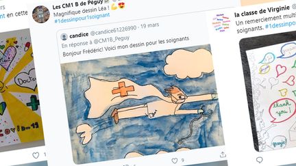 Des dessins d'enfants, partagés via le hashtag "1 dessin pour 1 soignant" sur Twitter. (COPIE D'ECRAN TWITTER)