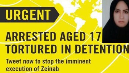 Capture d'écran de l'affiche de la campagne lancée par Amnesty International pour sauver Zeinab Sekaavand. (Affiche de la campagne d&#039;Amnesty International)