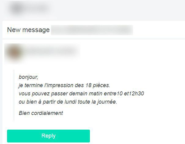 E-mail envoyé par un imprimeur 3D en réponse à une demande d'impression de pièces du Liberator. (FRANCEINFO)