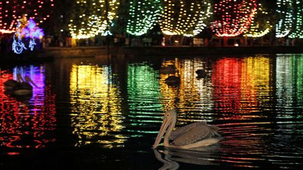 Illuminations des abords du lac de&nbsp;Colombo (Sri Lanka) pendant le festival Vesakha, le 9 mai 2012. (GEMURU AMARASINGHE / AP / SIPA)