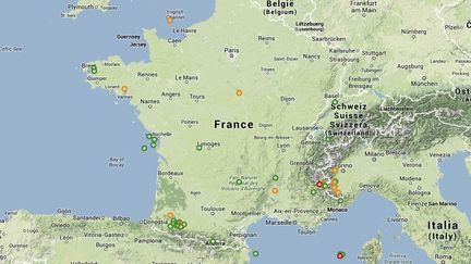 Carte des s&eacute;ismes de plus de 3,5 sur l'&eacute;chelle de Richter, survenus en France depuis 2011. ( GOOGLE MAPS / FRANCETV INFO )