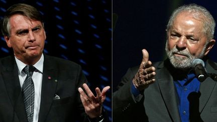 Les candidats à l'élection présidentielle brésilienne Jair Bolsonaro et Luiz&nbsp;Inacio Lula da Silva, respectivement le 23 août 2022 et le 26 septembre 2022 à São Paulo (Brésil).&nbsp; (MIGUEL SCHINCARIOL / AFP)