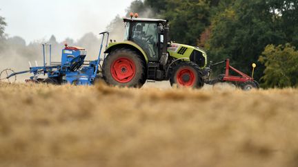 Un agriculteur dans un champ de blé, le 21 août 2018, à Bouloire (Sarthe). (JEAN-FRANCOIS MONIER / AFP)