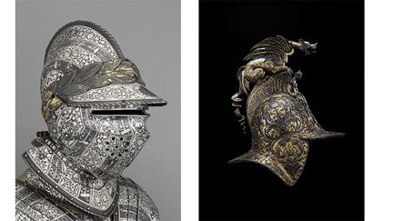 Armet de carrousel, vers 1860 (G),&nbsp;Armure du dauphin, futur Henri II, entre 1536 et 1547 (C),&nbsp;Bourguignotte de "l’ensemble à la chimère", vers 1560-1570 (D). (Paris - Musée de l'Armée, Dist. RMN-Grand Palais /Anne-Sylvaine Marre-Noël/Émilie Cambier/Christophe Chavan)