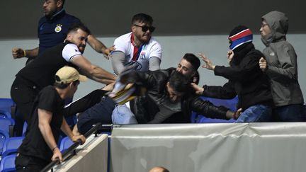 Des bagarres entre supporters turcs et lyonnais, le 13 avril 2017 au Parc Olympique Lyonnais. (PHILIPPE DESMAZES / AFP)