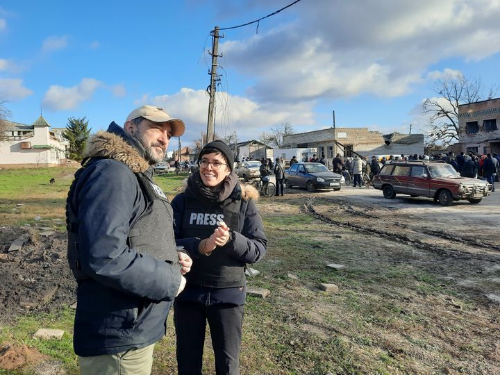 Agathe Mahuet and her fixer, Yashar Fazylov, in a village near the Donbass front.  (Lawrence Macchiett)