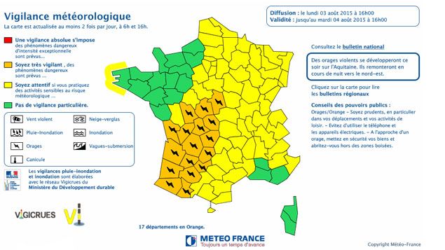 &nbsp; (carte de vigilance de © MétéoFrance lundi à la mi-journée)