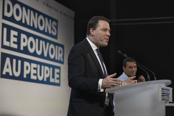 Jean-Lin Lacapelle durant un meeting du Rassemblement national pendant les européennes, le 26 mai 2019 à Cers (Hérault). (IDRISS BIGOU-GILLES / HANS LUCAS / AFP)