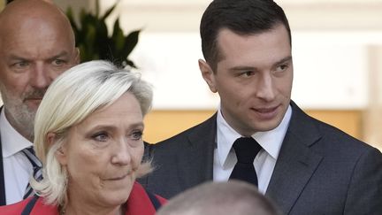 Marine Le Pen et Jordan Bardella, le président du Rassemblement national, le 24 juin 2024 à Paris. (CHRISTOPHE ENA/AP/SIPA / SIPA)