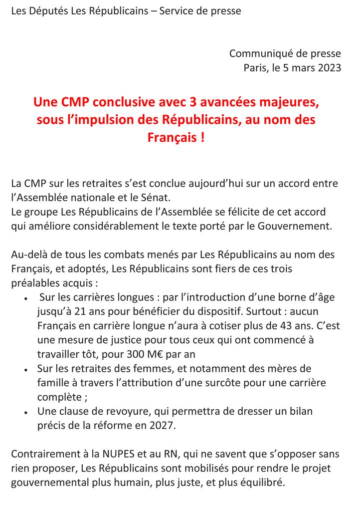 Le communiqué diffusé par Les Républicains mercredi 15 mars, avant même la fin de la commission mixte paritaire (CMP). (DOCUMENT FRANCEINFO)