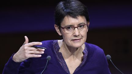 Nathalie Arthaud à l'audition des candidats à la présidentielle par l'Association des maires de France mercredi 22 mars 2017, à la Maison de la radio. (BERTRAND GUAY / AFP)