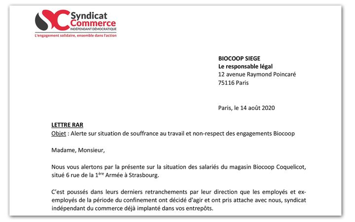 Extrait du courrier envoyé par le syndicat SCID au siège de Biocoop sur la situation des salariés du magasin Biocoop Coquelicot à Strasbourg. (RADIO FRANCE)