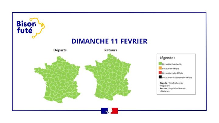 Les prévisions de circulation dans l'Hexagone le 11 février 2024, publiées par Bison Futé sur X. (BISON FUTE)