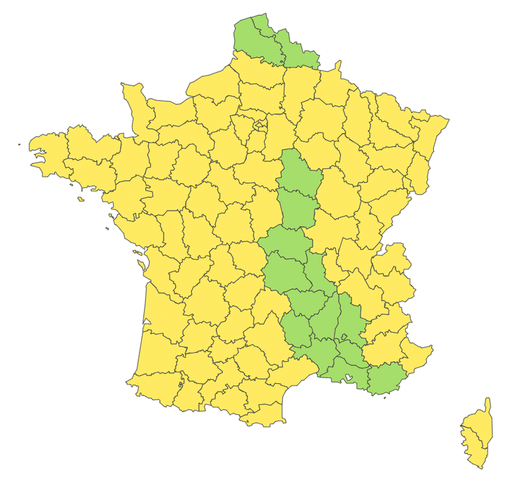 La carte des vigilances, le 1er septembre 2024 à la mi-journée. (FRANCEINFO)