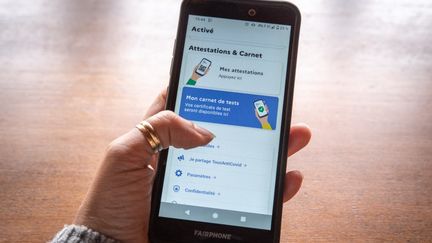 L'application TousAntiCovid Carnet, qui permet de stocker les documents du futur pass sanitaire, sur un smartphone, le 1er mai 2021. (DANA TENTEA / HANS LUCAS / AFP)