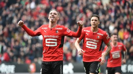 Benjamin Bourigeaud après avoir ouvert le score face à Angers, le 6 mars 2022, à Rennes. (JEAN-FRANCOIS MONIER / AFP)