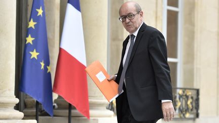 Le ministre de l'Europe et des Affaires étrangères, Jean-Yves Le Drian, sur le perron de l'Elysée, avant le Conseil des ministres, le 18 mai 2017. (STEPHANE DE SAKUTIN / AFP)